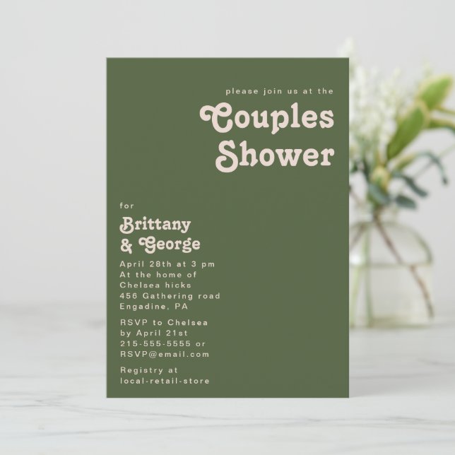 Invitación Videos retro simples | Ducha Olive Green Couples (Anverso de pie)