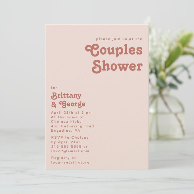 Invitación Videos retro simples | Ducha Rubor Pink Couples (Anverso de pie)