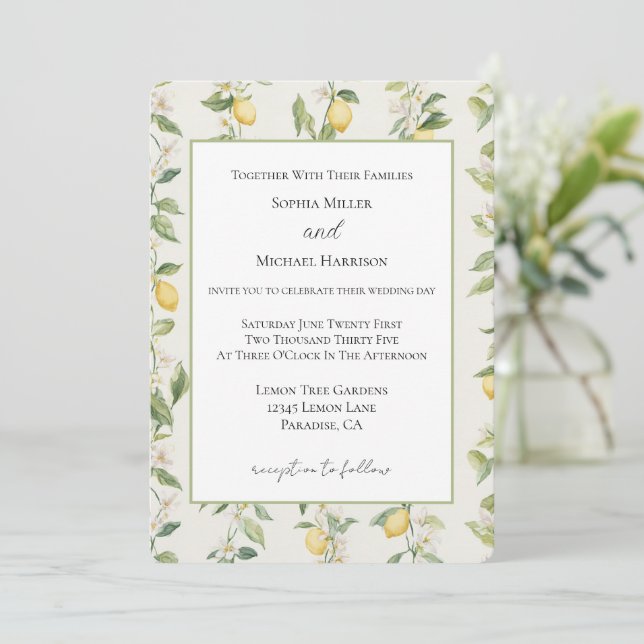 Invitación Vides de limón amarillo boda (Anverso de pie)