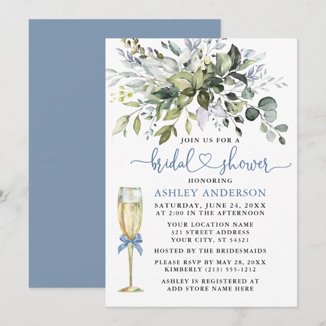 Invitación Vidrio acuático Dusty Blue Heart Shower (Anverso / Reverso)