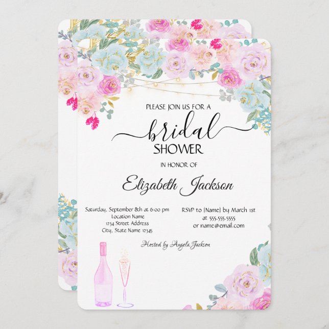 Invitación Vidrio alumbrado Moda Rosas ducha de novia (Anverso / Reverso)