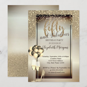 Invitación Vidrio con brillo dorado, globos, fiesta de cumple