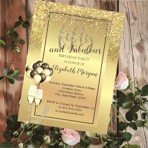 Invitación Vidrio con brillo dorado, globos, fiesta de cumple