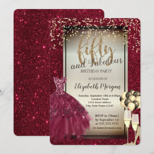 Invitación Vidrio con brillo,Globos,Vestido Rojo Cumpleaños 5
