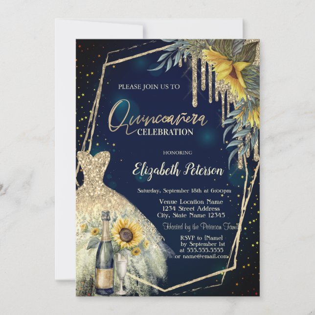 Invitación Vidrio de champán, vestido, azul de la marina de g (Anverso)