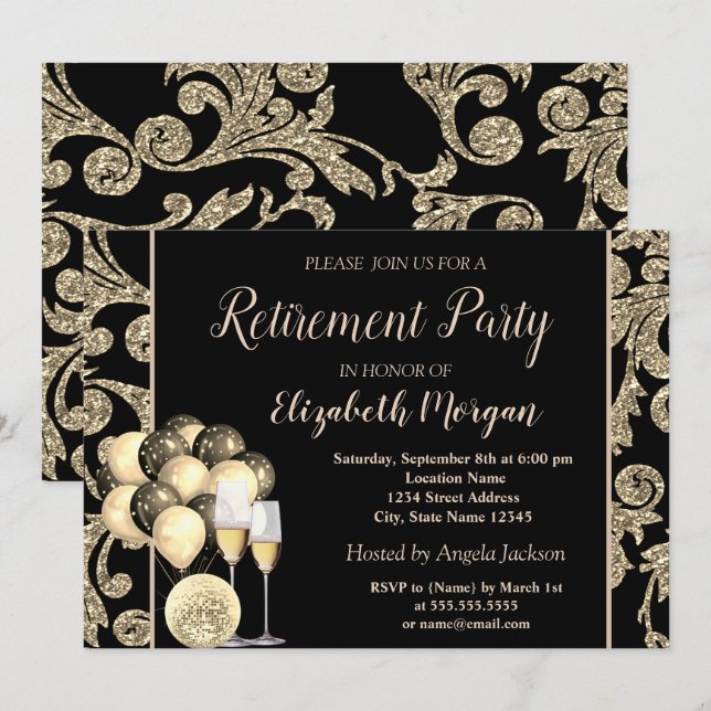 Invitación Vidrio de Oro, Ballons, Fiesta de Jubilación Swirl (Anverso / Reverso)