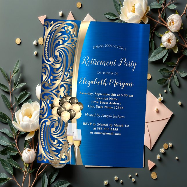 Invitación Vidrio de remolinos de oro, retiro azul de tacones (Subido por el creador)