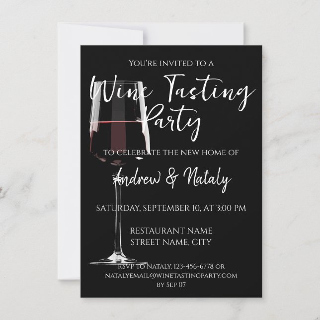 Invitación Vidrio de vino tinto sobre negro (Anverso)