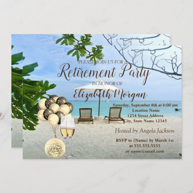 Invitación Vidrio dorado, balones, Fiesta de retiro de playa (Anverso / Reverso)