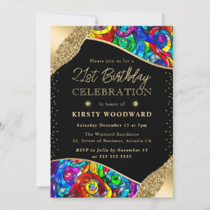 Invitación Vidrio emplomado multicolor y dorado cumpleaños 21