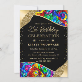 Invitación Vidrio emplomado multicolor y dorado cumpleaños 21