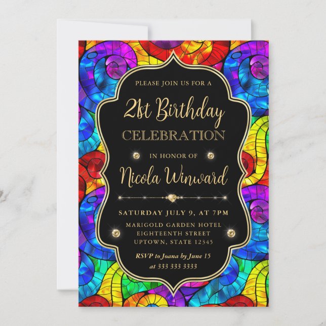 Invitación Vidrio emplomado multicolor y dorado cumpleaños 21 (Anverso)