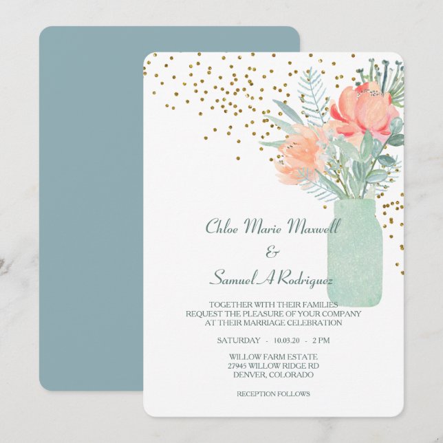 Invitación Vidrio escarpado Mason Jar Floral Boda (Anverso / Reverso)