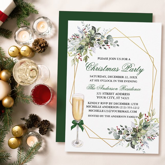 Invitación Vidrio Fiesta Navidades de Watercolor Berries Gree (Customize to change text color, size, style or to change color of back of card.)