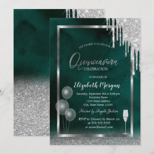 Invitación Vidrio,Globos,Brillo que gotea,Quinceañera verde