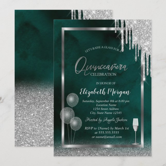 Invitación Vidrio, globos, taladros Purpurinas, quinceañera v (Anverso / Reverso)