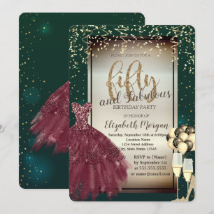Invitación Vidrio,Globos,Vestido Rojo,Cumpleaños 50 Verde