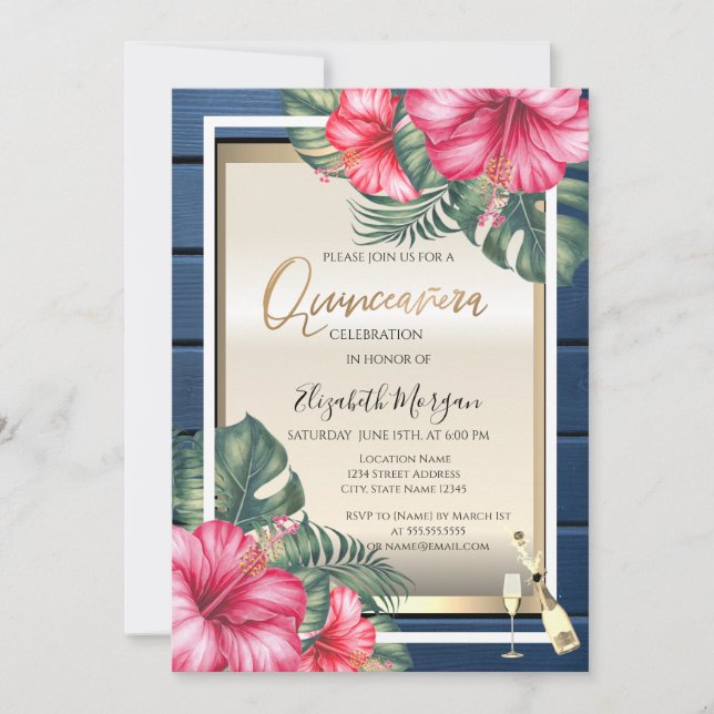 Invitación Vidrio, Hibiscus Blue Wood Quinceanera (Anverso)