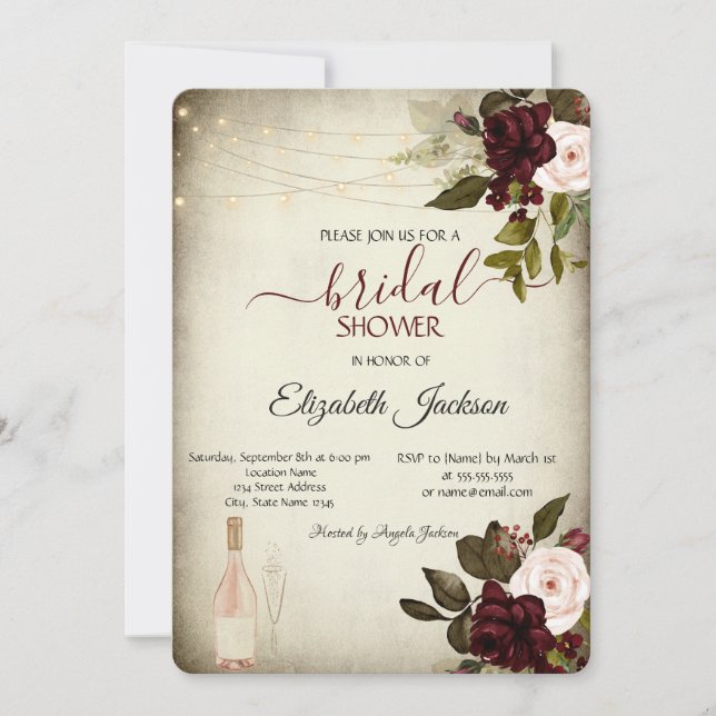 Invitación Vidrio, luces Rosas de Borgoña ducha de novia (Anverso)