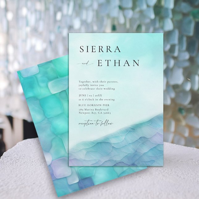 Invitación Vidrio marino costero 2 Boda elegante de lavanda V (coastal wedding invitation sea glass teal blue lavender purple modern ocean beach elegant romantic)