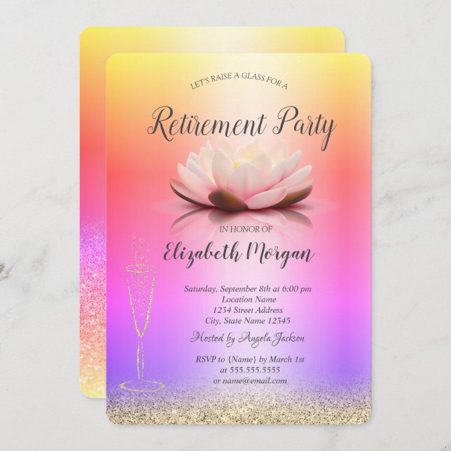 Invitación Vidrio Ombre Purpurina Bokeh Lotus Retirement (Anverso / Reverso)