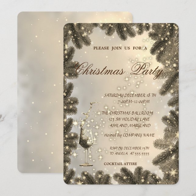 Invitación Vidrio, oro, ramas de árbol, Fiesta de Navidades c (Anverso / Reverso)