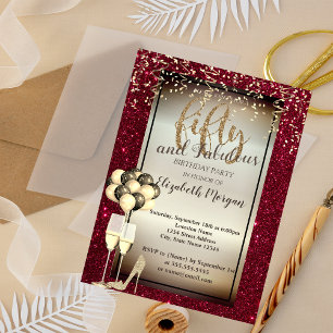 Invitación Vidrio Purpurina de oro, globos rojo 50 cumpleaños