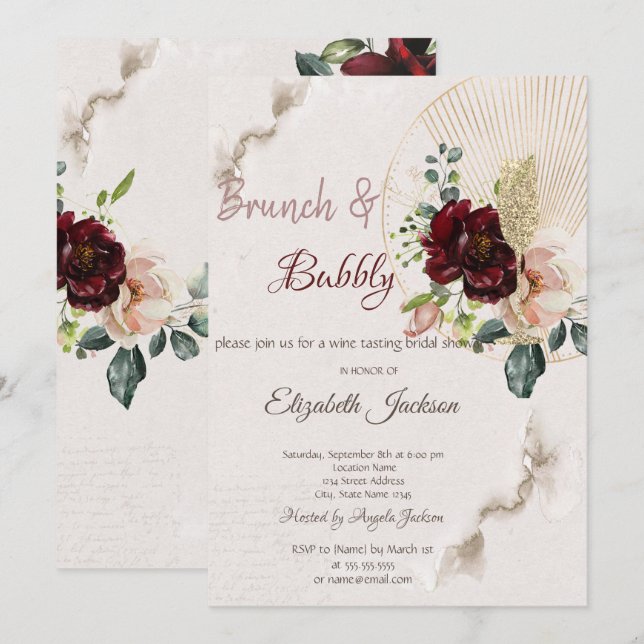 Invitación Vidrio purpurina Ducha de novia flor de borgoña (Anverso / Reverso)