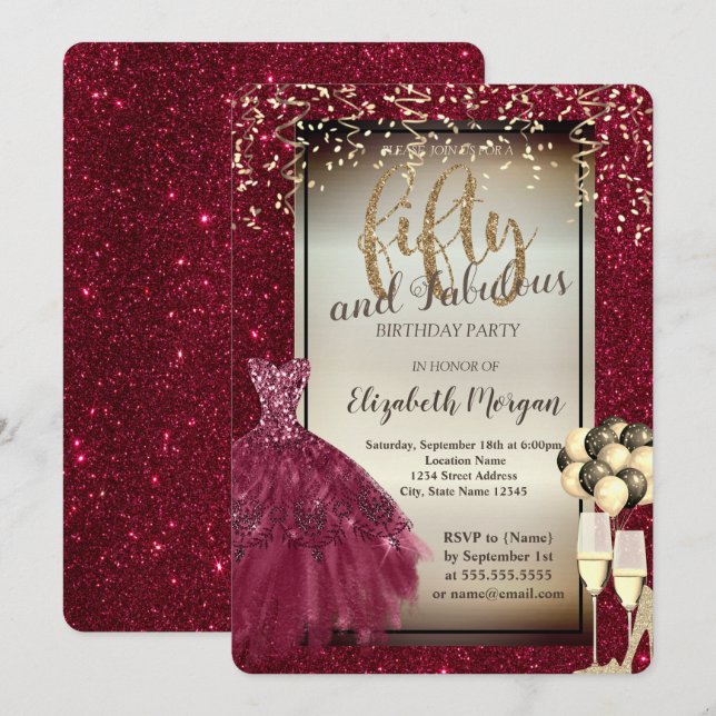 Invitación Vidrio purpurina, globos, vestido rojo 50 cumpleañ (Anverso / Reverso)