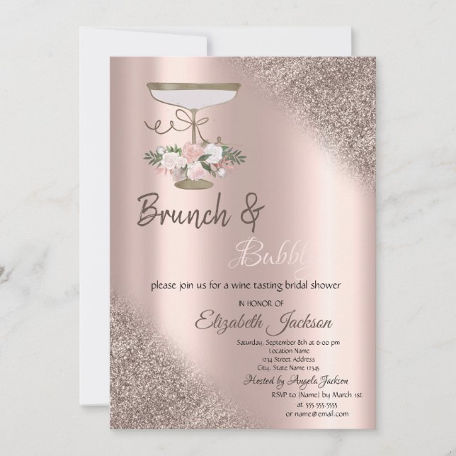 Invitación Vidrio, Rosa Purpurina de oro Brunch y Bubbly (Anverso)