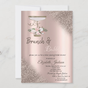 Invitación Vidrio, Rosa Purpurina de oro Brunch y Bubbly