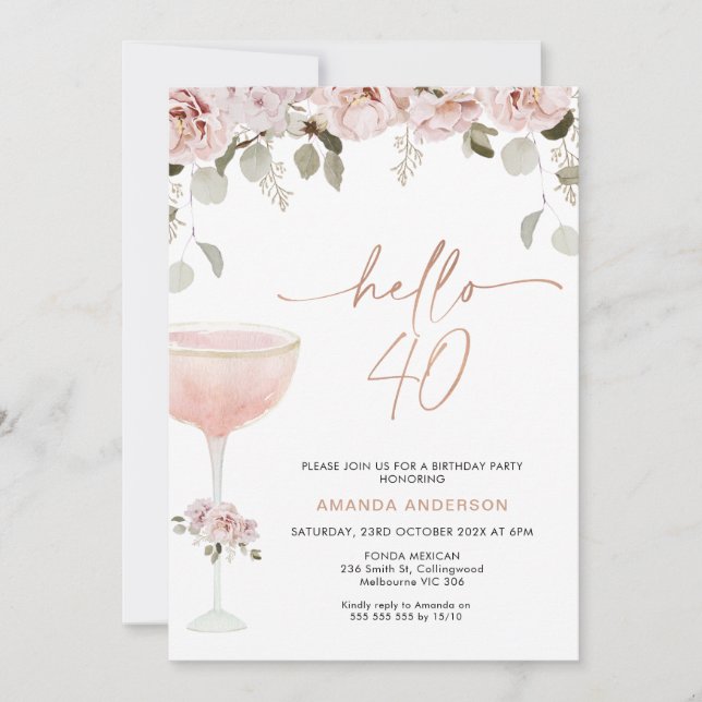 Invitación Vidrio Rubor Floral Champagne de 40 cumpleaños (Anverso)