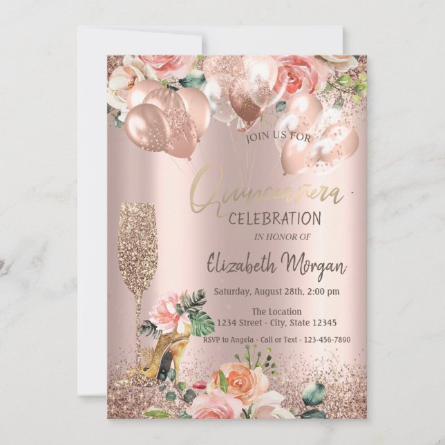 Invitación Vidrio, talones altos, Rosas, globos Quinceañera (Anverso)