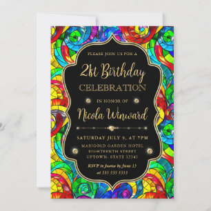 Invitación Vidrio Teñido Multicolor y Dorado Cumpleaños 21