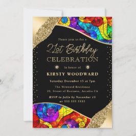 Invitación Vidrio teñido multicolor y dorado cumpleaños 21
