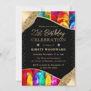 Invitación Vidrio teñido multicolor y dorado Cumpleaños 21