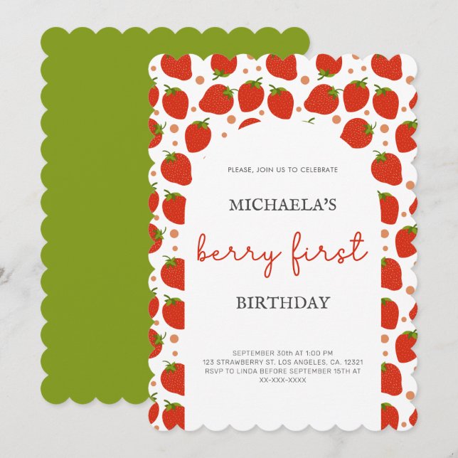 Invitación Vieira de fresas rojas de primer cumpleaños de Ber (Anverso / Reverso)