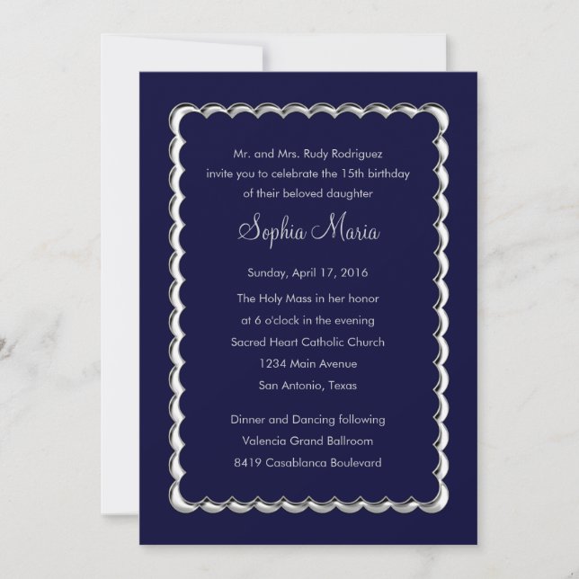 Invitación Vieira Quinceanera cambia el azul de la marina a c (Anverso)