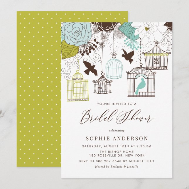 Invitación Vieja Blue Whimsical Birdcages Bridal Shower (Anverso / Reverso)