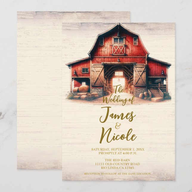Invitación Vieja boda rústica de granjas rojas (Anverso / Reverso)