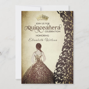 Invitación Vieja damasco de lujo tiara Quinceañera