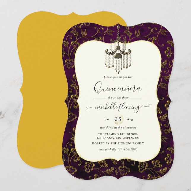 Invitación Vieja elegancia de oro Quinceañera (Anverso / Reverso)