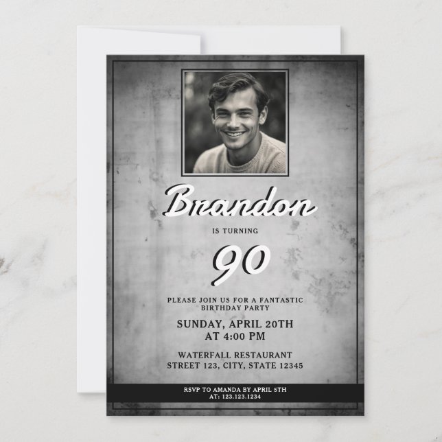 Invitación Vieja foto de época blanca y negra 90 cumpleaños (Anverso)