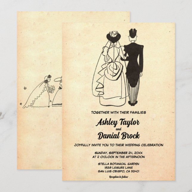 Invitación Vieja pareja retro de los años 50 cómica Boda rúst (Anverso / Reverso)
