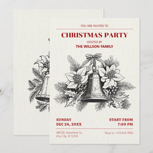 Invitación Viejas campanas florales navideñas (Anverso / Reverso)