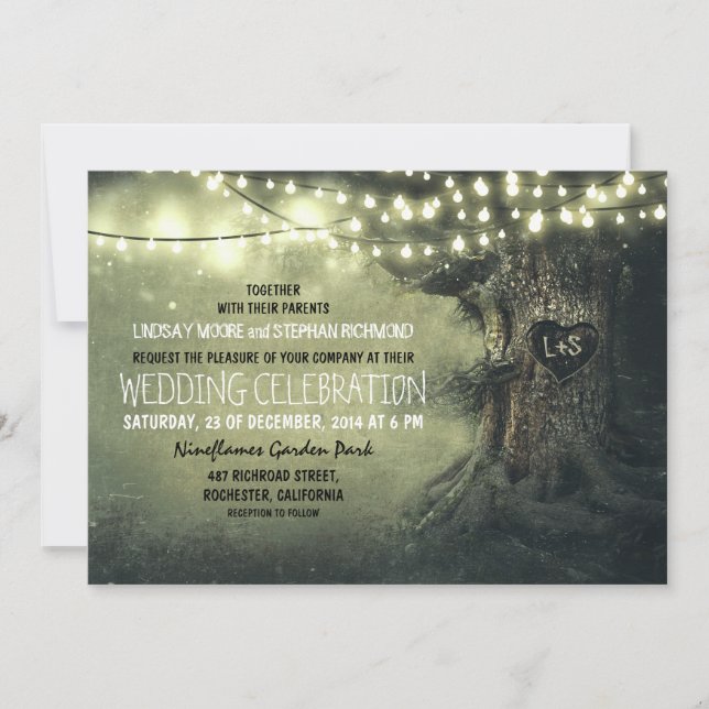 Invitación viejas luces de trineo de árbol tallado boda rústi (Anverso)