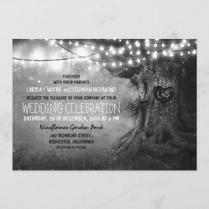 Invitación viejas luces de trineo de árbol tallado boda rústi