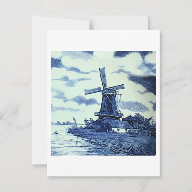 Invitación Viejo Antiguo Delft Blue Tile - Molino de viento (Anverso)