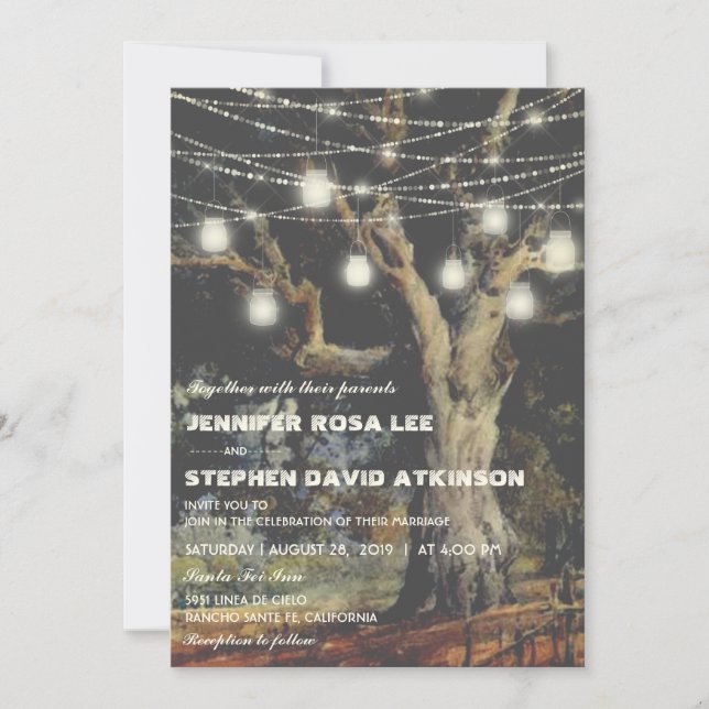 Invitación Viejo árbol de roble mason Jars ilumina matrimonio (Anverso)
