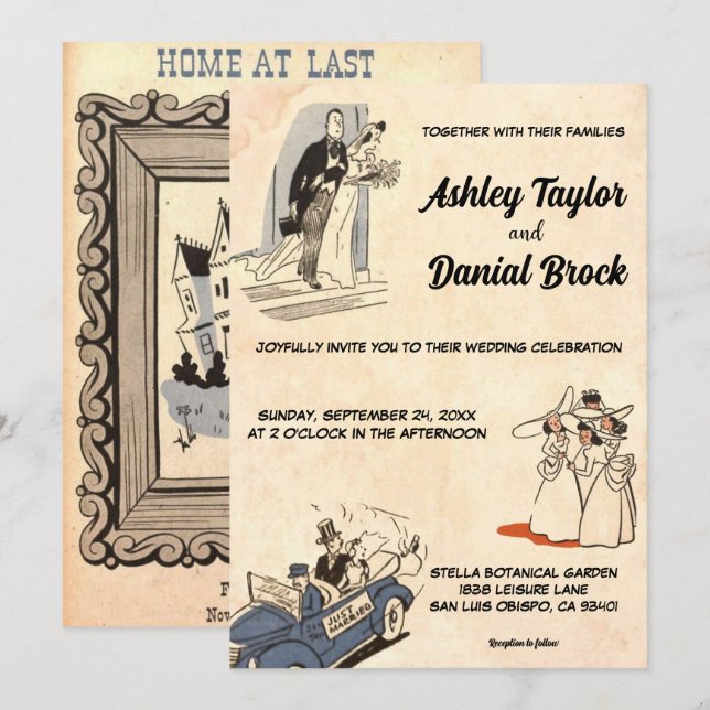 Invitación Viejo Boda romántico de historietas de época retro (Anverso / Reverso)